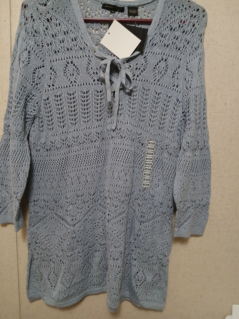 JEANNE PIERRE Light Blue Crochet Tie-Neck Sweater Tunic